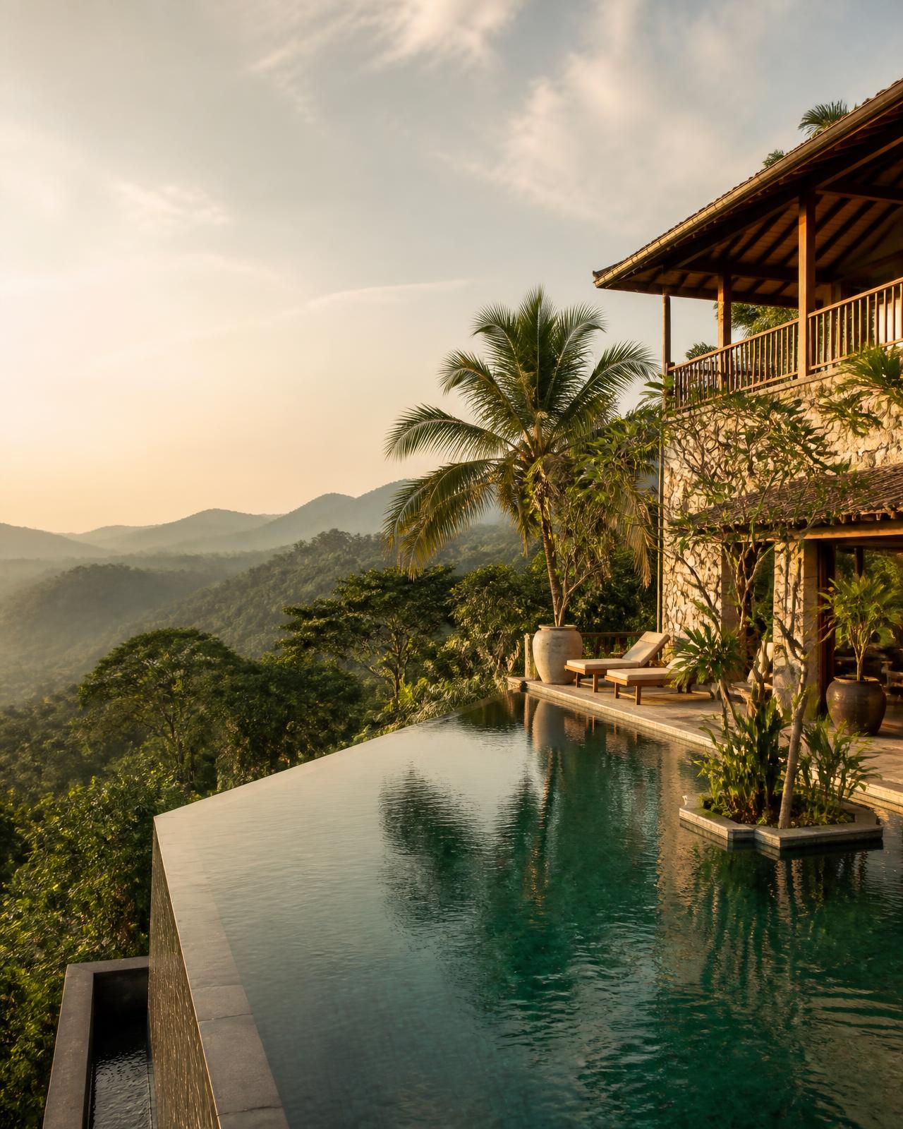 Sri Lankan boutique hotel with an infinity pool overlooking tropical hills